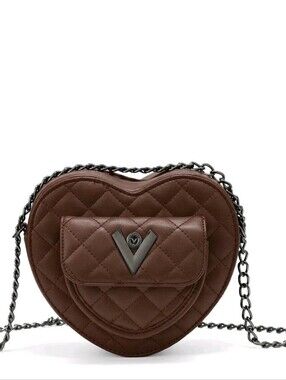 Valentino Orlandi Brown Quilted Heart Crossbody with Gunmetal Chain